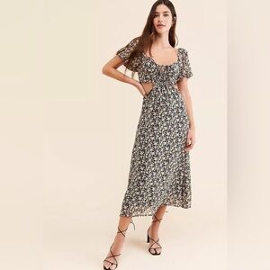 ASTR the Label Ruffle Cutout Black Floral Midi Dress Size L NWOT